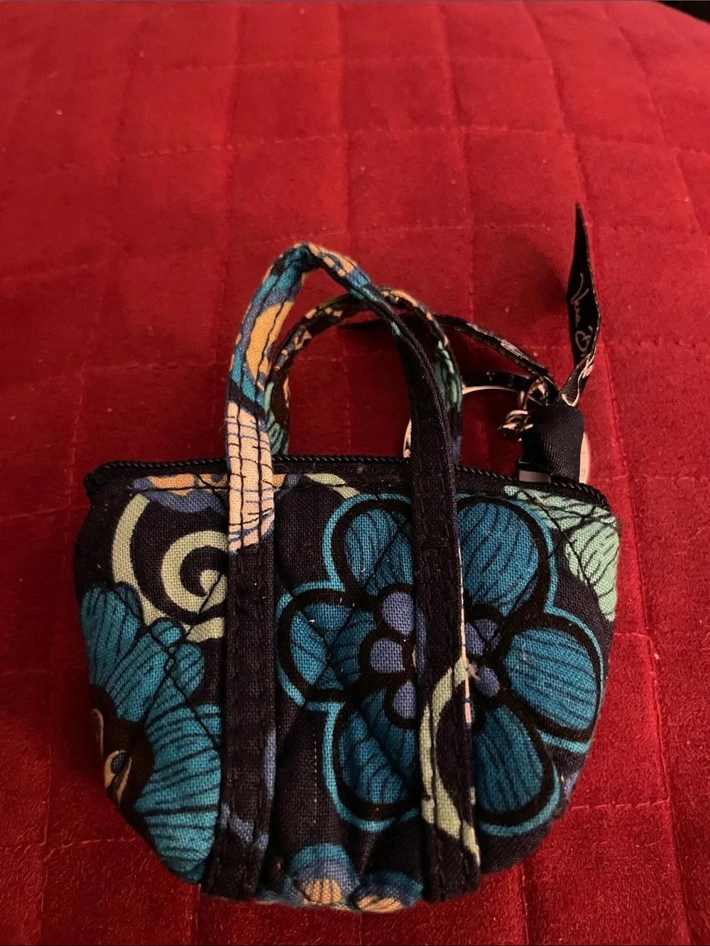 Vera Bradley Teal Navy Floral Mini Tote  Keychain- Bag Charm EUC